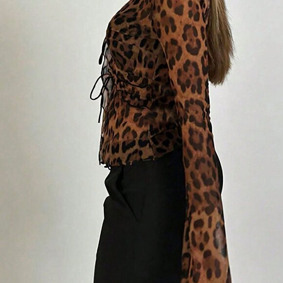Brown Casual Women's Sexy Leopard Print Thin V-Neck Long Sleeve Tie Cover Up Top - Picture 3 of 4
